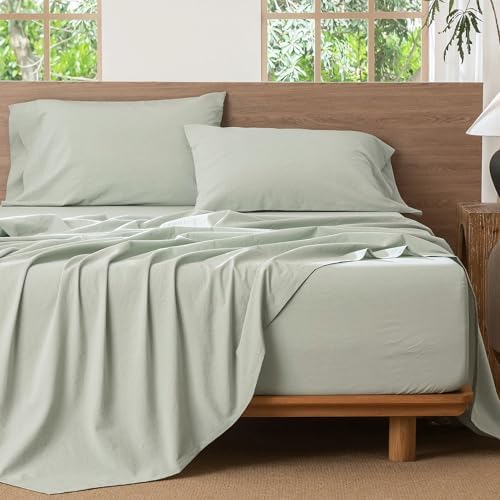 MooMee Bedding Sheet Set 100% Washed Cotton Linen Like Textured Breathable Durable Soft Comfy (Heathered Green, Queen) - Thumbnail 2