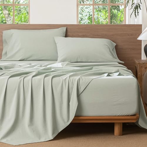 Image of MooMee Sheet Set 100% Washed Cotton Linen-Like Extra Deep Pocket Twin | Relaxed Linen-like Texture. Soft, Breathable & Lightweight Comfort. 15-19 inch Extra Deep Pocket with All-around Elastic