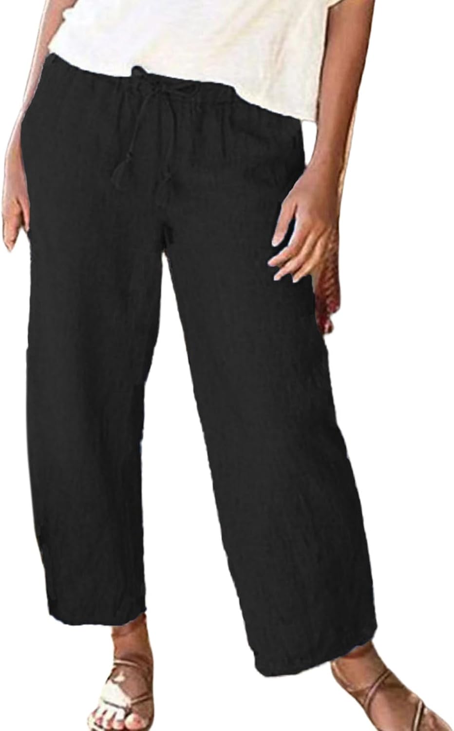 Size L ...Cotton Linen Pants Women Casual High Waist Drawstring Elastic Waist Straight Leg Pant Casual Loose Fit Cropped Pants