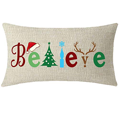 NIDITW Kids Happy Holiday Decorations Tree Antlers Hat Tree Waist Lumbar Beige Cotton Linen Throw Pillow case Cushion Cover Sofa Chair Decorative Rectangle 12x20 Inches