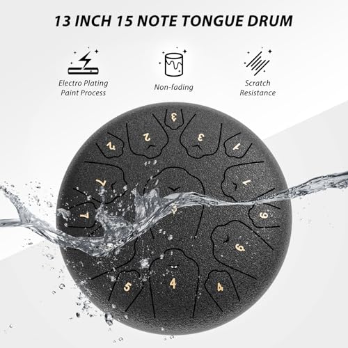 Image of Steel Tongue Drum, 13 Inch 15 Notes Tongue Drums, C Major 440 Hz Drum Percussion Instruments, Handpan Drums with Music Book, Drum Mallets and Carry Bag (Black)