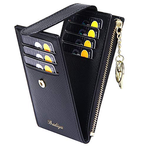 Image of Badiya Slim Women Wallet RFID Blocking Bifold Compact 9 Card Slots Holder Wallets Soft Leather with Zipper Coin Pocket 2 ID Window