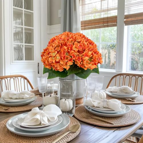 Image of 2 Bunches Fall Hydrangea Artificial Flowers for Outdoor, 17.71 inch Orange Silk | Outdoor Silk Flowers UV Resistant Realistic, Hydrangea Floral for Porch Indoor Table Centerpieces Wedding Party Decorations