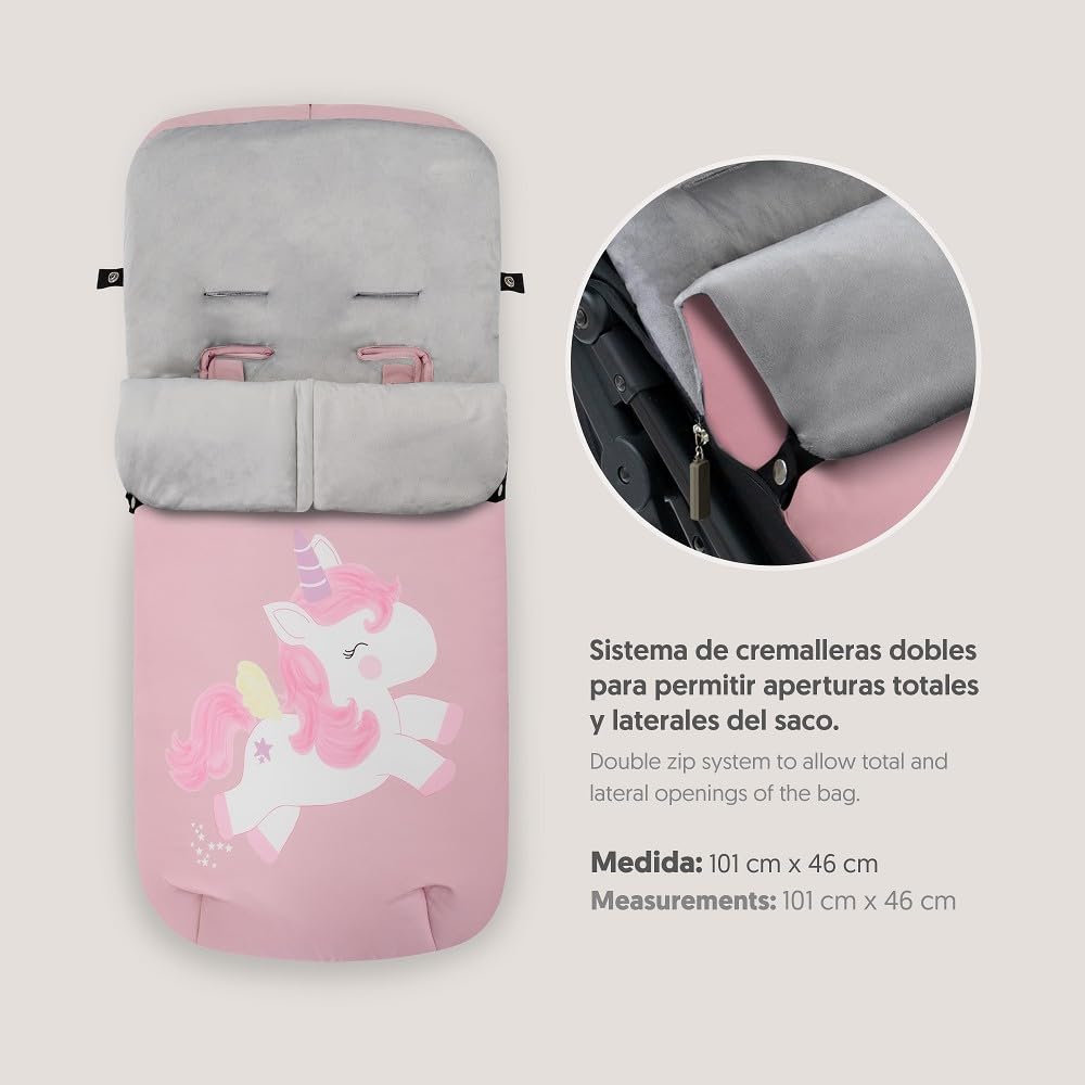 Sacco Passeggino Invernale Universale Interbaby | Copri Passeggino Universale Morbida | Sacco Termico per Ovetto Rimovibile, Doppia Apertura, Facile da Lavare, Materiali Anallergici, Unicorno Rosa