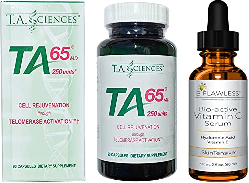T.A. Sciences TA65 90 Capsules 250 Units Includes a Free Bottle of B-Flawless Premium Vitamin C Serum 2 fl oz 60 ml for Face