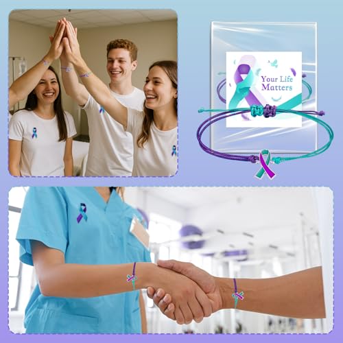MOSOTECH 10 Pcs Suicide Prevention Awareness Bracelets with Independent Package of Each Piece, Adjustable Cord Purple Teal Ribbon Braided Bracelets for Women Men, Charity Public Activity Supplies Gift4