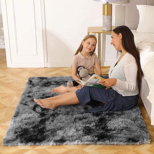 Leesentec Rugs Living Room Area Rug Soft Anti Slip Bedroom Carpet Fluffy Rug Shaggy Floor Mats Large Rugs for Living Room(Black/Grey,80 x 120 cm) - Image 3