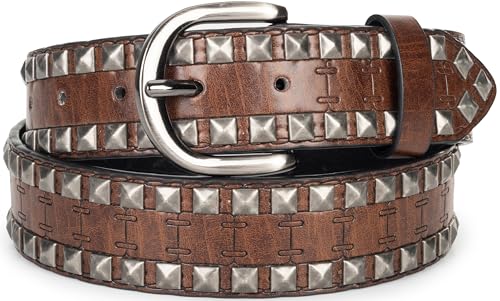 Punk Style Genuine Leather Belts Double Grommet Belt with Chain for Jeans Dresses4