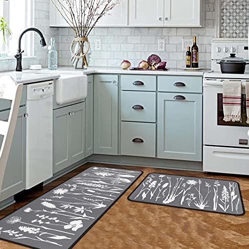 Gray Kitchen Rugs and Mats Non Skid Washable Absorbent Stain Resistant,Durable and Easy to Clean,Anti Fatigue Kitchen Rug Set of 2 Spring Wild Flowers Kitchen Decor 17 x47+17"x30"
