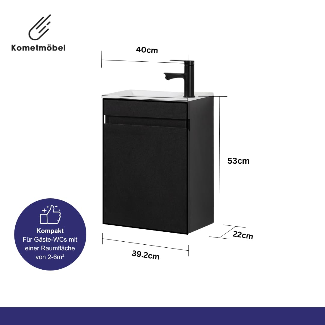 Gäste-WC Waschtisch Set 40 cm Vormontiert Klein Waschbecken mit Unterschrank (Schwarz 40cm, Mit Wasserhahn Schwarz)