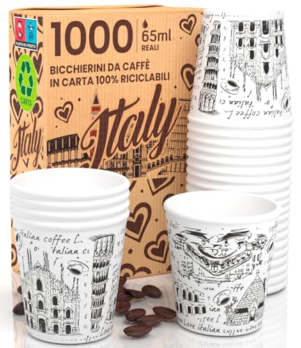 1000 Bicchierini in Carta da Caffè 65ml Italy White - Bicchieri Ecologici Biodegradabili Monouso Piccoli per Asporto Bevande Calde e Fredde