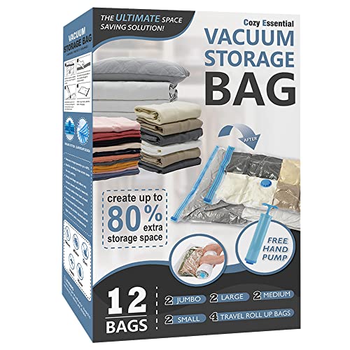12 Pack Vacuum Storage Bags, Space Saver Bags (2 Jumbo/2 Large/2 Medium/2 Small/4 Roll) Compression Storage Bags for Comforters and Blankets, Vacuum Sealer Bags for Clothes Storage, Hand Pump Included