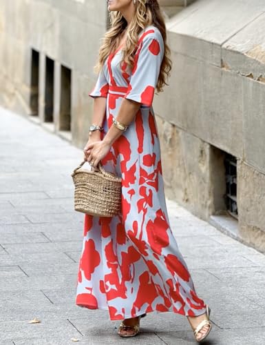 XNC Womens Summer Fall Cross V Neck Short Sleeve Party Long Dresses Red Boho Floral Flowy Split Cocktail Maxi Dress2