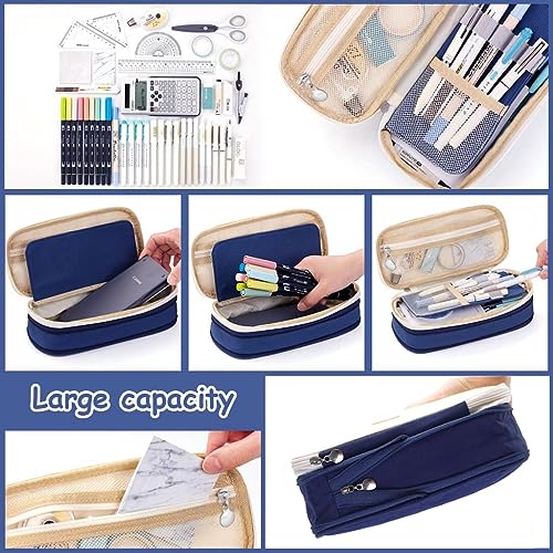 Image of Big Capacity Kawaii Pencil Case, Durable Storage Multiple Compartment Double Zipper Portable Capacity Pencil Pouch for Student Kids (Navy Blue)