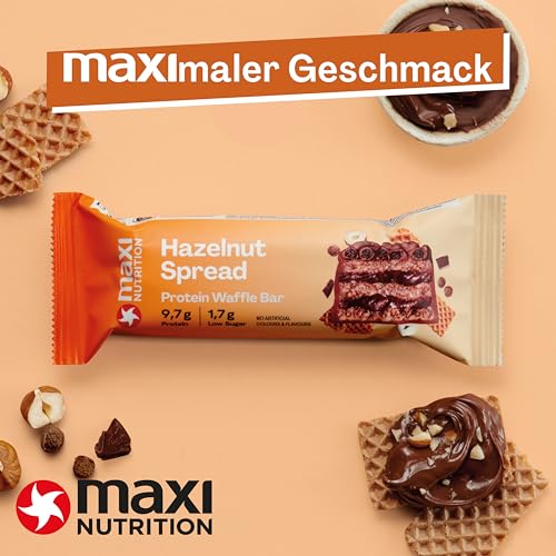 MaxiNutrition Hazelnut Spread Protein Waffle Bar, 25% Eiweiß, 202 kcal, (12 Eiweißriegel x 39g), Ohne Zuckerzusatz