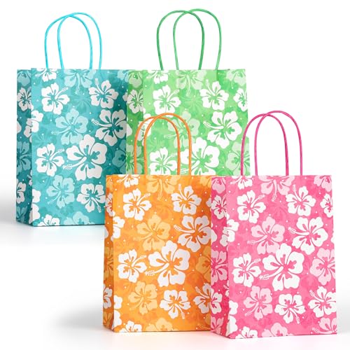 Lesnala 16Pcs Hibiscus party favor bags with handles Stitch candy bags for birthday party Hawaiian themed goodie treat paper handbag for Summer tropical Party Supplies Birthday Decorations 4 Colors