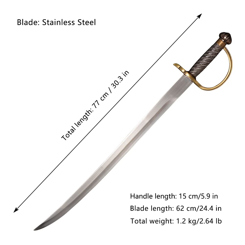 COSWOR 31.1" Metal Stainless Steel Caribbean Pirate Jack Sparrow's Cutlass Sword with Basket Guard, Brass Hilt for Cosplay, Collection, Gift