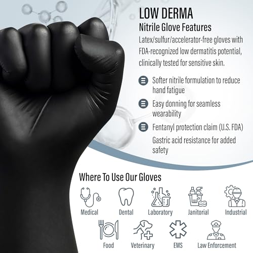 Ensure Black Nitrile Gloves Low Dermatitis 7 Mil, Heavy Duty, Puncture & Chemical Resistant, Disposable, Latex-Free, for Automotive, Industrial, Mechanic, Food Service, Exam Gloves (100, Large)
