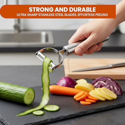 Image of SUPERMOM Kitchen Tool 2 Pc - Combo of Stainless Steel Multiuse Cut & Chop Veggies Slicer with Fruit & Vegetable Peeler, Sharp Stainless Steel Blade, Comfortable Grip Handle for Cutting, Peeling & More