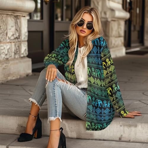 Image of Women's Aztec Open-Front Jacket Lightweight Casual Outerwear Native Western Aztec Pattern & Plaid Houndstooth Print