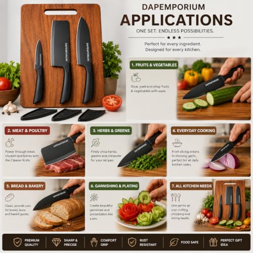 Image of Kitchen Knife Set with Wood Chopping Board (3+1) Ultra Sharp Steel Black Coated Blade with Cover & Anti-Slip Handle | Effortless Cutting | Durable Knife-Friendly Serving & Cutting Board | Ultra-Sharp Blades, Chef, Meat Cleaver & Utility Knife, Eco Friendly Multipurpose Cutting Board, Premium Quality
