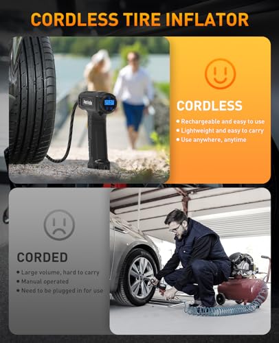 Petrinda Cordless Tyre Inflator Air Compressor, Portable Handheld Rechargeable Battery Tyre Pump with Digital Pressure Gauge, Electric Tyre Inflator with LED Light & 4 Nozzle for Car, Motorcycle Bike - Image 3