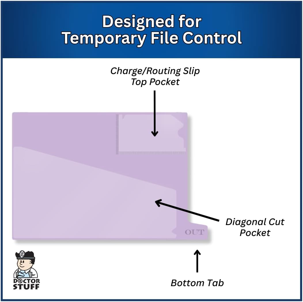 Doctor Stuff - Small Bottom Tab Vinyl Outguides, Diagonal Cut Front Pocket, Top Charge Out Slip Pocket, Plastic File Folder, Letter Size 9" x 13-1/4", Lavender, 50/Box