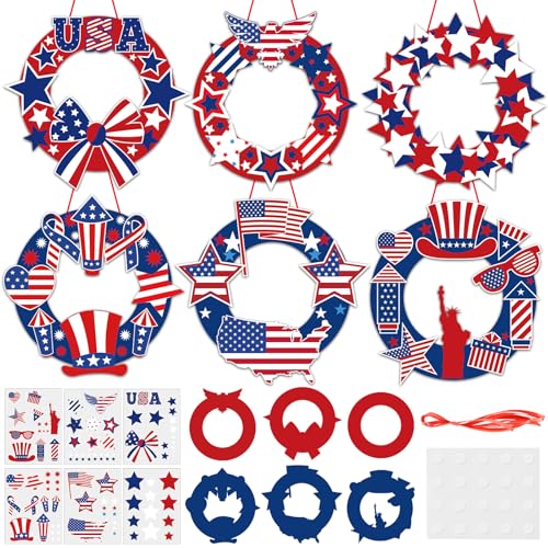 QOUBAI 36 Set Patriotic Wreath Craft Kit for DIY 4th of July Paper Crafts American Flag Stickers Hanging Ornament for Memorial Independence Day Art Activity Home Decor Supplies