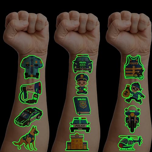 Image of 96 PCS Police Pre-Cut Luminous Glow in the dark Temporary Tattoos for Kids | Super Cute Theme Birthday Party Favors Supplies Decorations, Police Car Policeman Fake Tattoos Gifts for Boys Girls