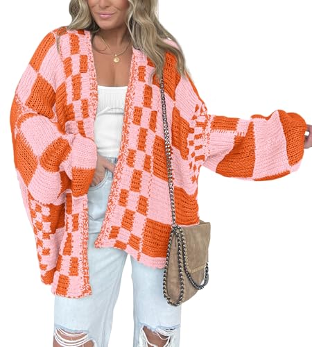Image of BTFBM Casual Cardigan Sweater for Women Fall 2026 Long Sleeve Open Front Chunky Knit Sweaters Checkered Outwear Coat
