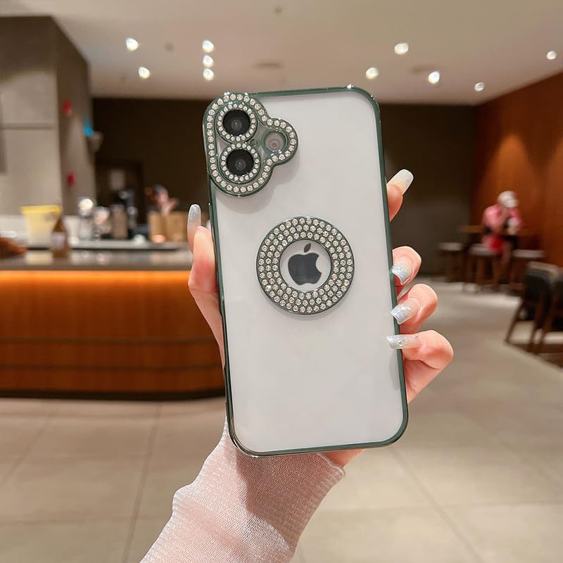 Image of LuxuryKase Sparkling Crystal Clear Case for iPhone 16 | Logo Cut | Soft Protective TPU Case | Diamond Camera Lens Protector - Green