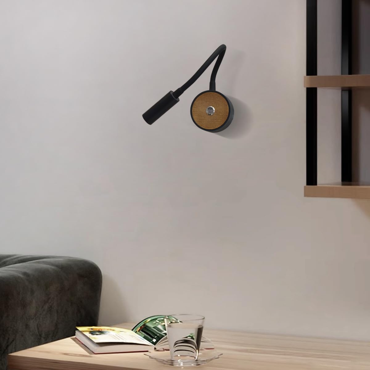 Lampe Murale 360° Pivotant Col de Cygne - Applique Bois et Noir avec Interrupteur Pour Chambre, Couloir, Salle de Bain, Hôtel
