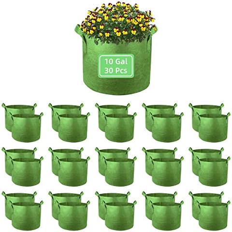 Ohiyoo 10 Gallon Garden Grow Bags, 30 Pack 10 Gal Planter Bags Fabric Pot Bags, Nonwoven Grow Bags Heavy Duty Aeration Fabric Pots with Handles, Garden Fabric Planters for Vegetables Flowers (Green) Cover
