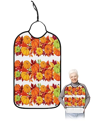 Thanksgiving Adult Bibs for Eating, Waterproof Bibs with Food Catcher & Adjustable Snap Closure, Rustic Autumn Pumpkin Fallen Leaves Washable Clothing Protectors Adult Bibs for Elderly Women/Men
