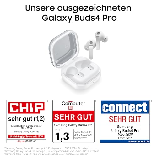 Samsung Galaxy Buds4 Pro, Kabellose Hi-Fi Bluetooth-Kopfhörer, 2-Wege-Lautsprecher, Geräuschunterdrückung per Adaptive Noise Cancelling, In-Ear-Ohrhörer, 360 Audio, AI Agent mit Sprachsteuerung, White