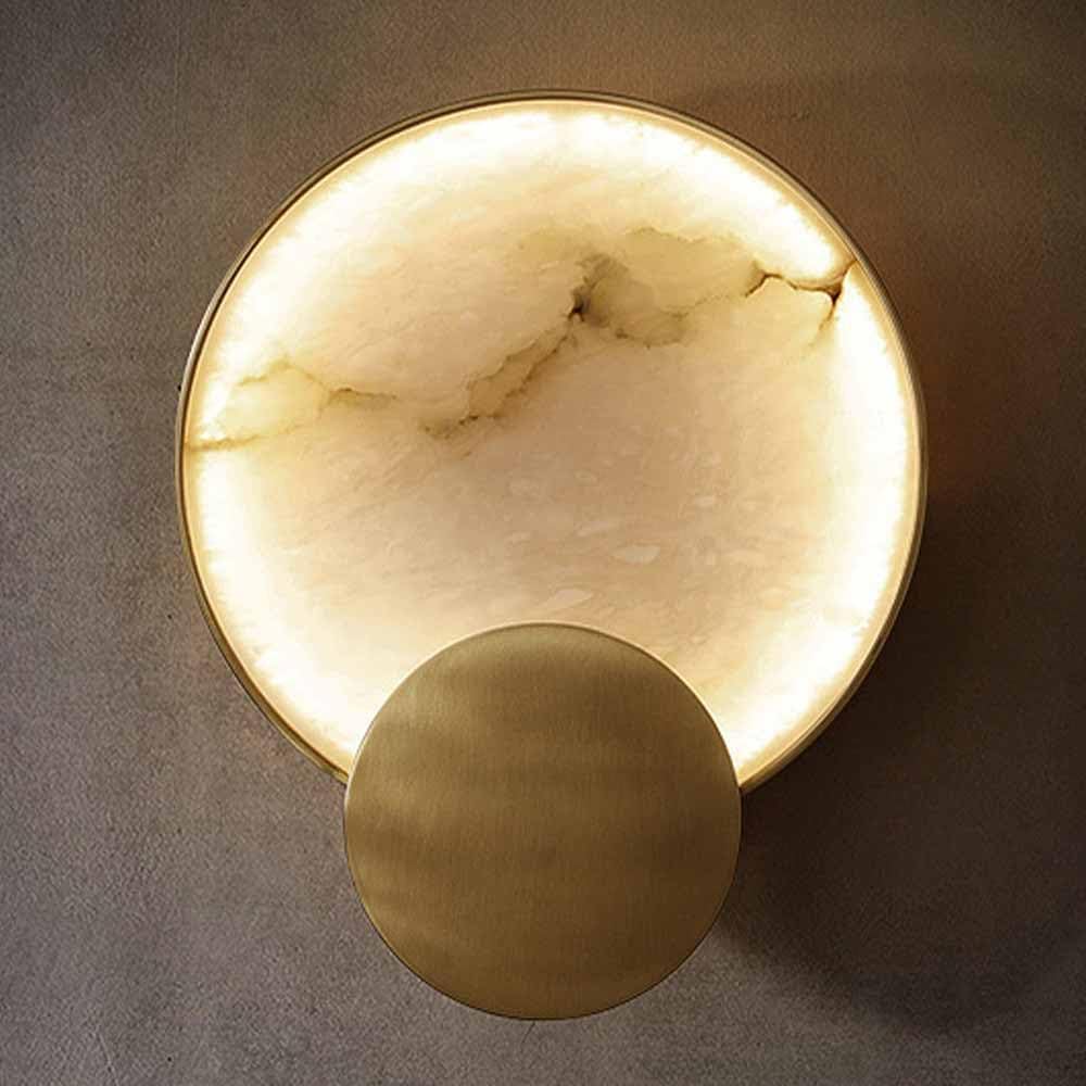 HPTHLY Alabaster Wall Sconce Marble Wall Lamps Bedroom Hardwired Gold Alabaster Wall Lights Round Design Wall Sconce Lighting For Living Room Bathroom Balcony Stairs (1Pack)