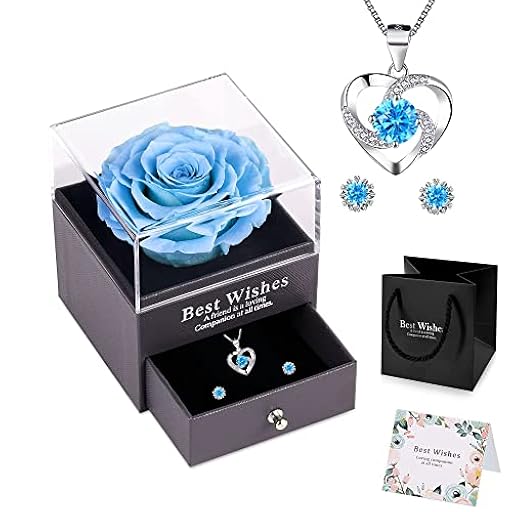 NEWUPZSI Rosa Eterna Real Preservada Navidad azules con Collar y Pendientes en una Caja de Regalo, Regalos románticos para Mujer para Día de San Valentín Aniversario Cumpleaños | Ya disponible en tu tienda friki favorita! En mundofriki.es!