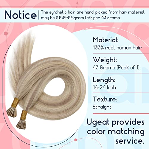 Ugeat Itip Human Hair Extensions 18 Inch Keratin I Tip Hair Extensions 40 Grams #P18/13 Ash Blonde Highlight With Blonde Pre Bonded I Tip Human Hair Extensions Cold Fusion #TOP3