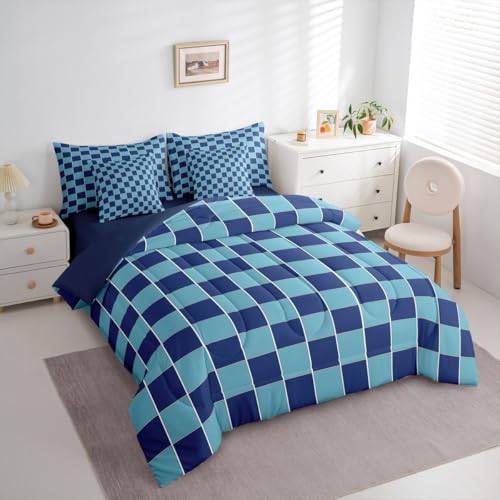Image of Erosebridal 7 Piece Blue Boys Comforter Sets Navy Blue Teen Boy Bedding Set King,Geometric Checkered Plaid Bed in A Bag with Sheets for Kids Men,Grids Gingham Bed Set with Cushion Covers
