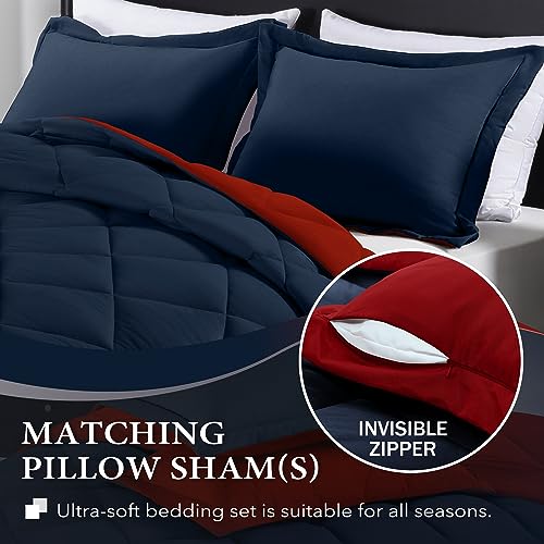 Image of downluxe King Size Comforter Set - Red and Navy King Comforter, Soft Bedding Sets for All Seasons -3 Pieces - 1 Comforter (104 inchx92 inch) and 2 Pillow Shams(20 inchx36 inch)