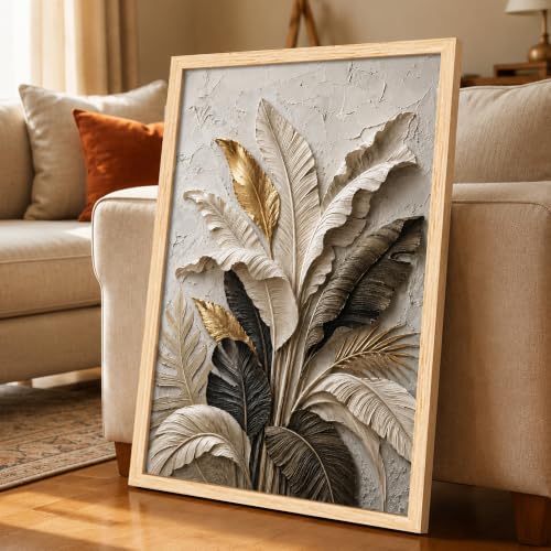 Image of PAINTINGMANTRA Textured Embossed Leaf Floral Framed Wall Art Painting for wall decoration, Neutral & Gold Tropical Leaf Motifs Flower Painting for Living room, bedroom, Office, 13x18 Inch