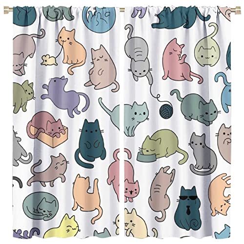 INSFBRB Cartoon Cat Rod Pocket Blackout Curtains for Living Room,Noise Reduction Abstract Colorful Lovely Animals Cat Theme Bedroom Curtains,2 Panels 45L x 21W