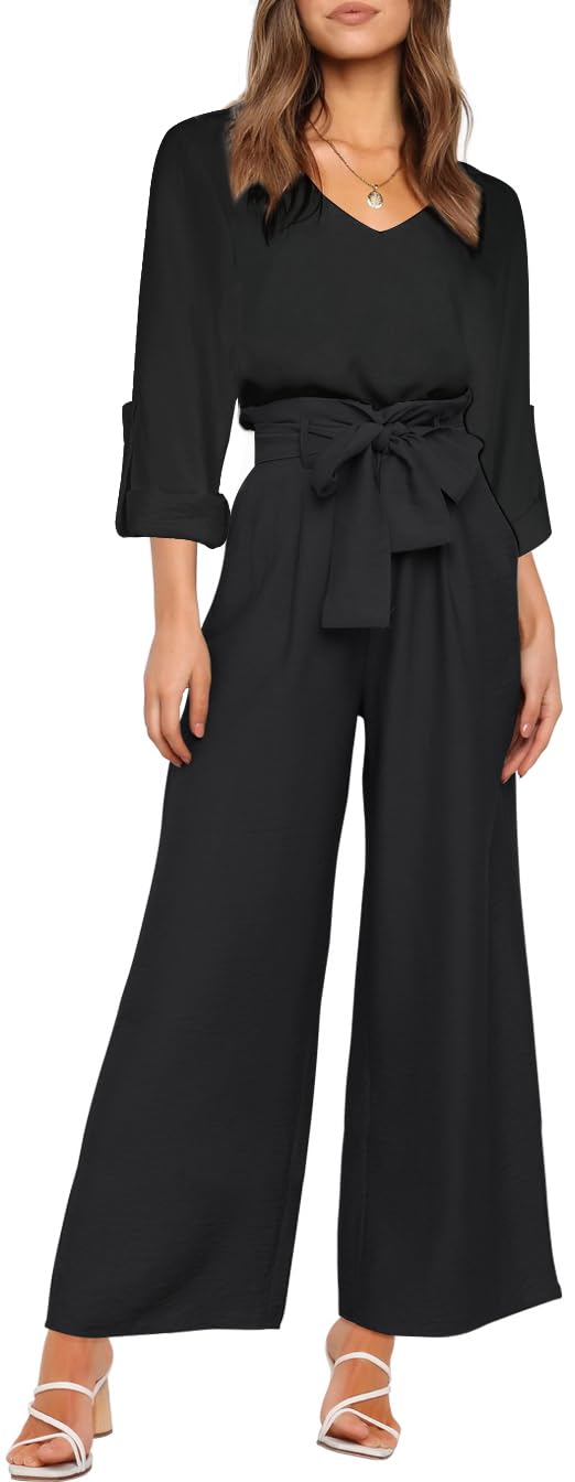 FANCYINN Conjunto de Pantalones de 2 Piezas Mangas largas para Mujer Pantalones de Bolsa de Papel recortados de Cintura Alta con Cuello en V y Tirantes Anchos con cinturón