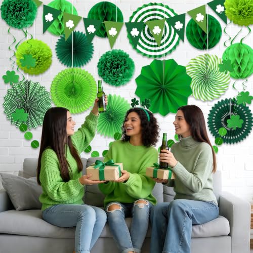 Image of 24 Pcs Green Birthday Decorations Kit, Paper Fans Pom Poms Banner 8-16 in
