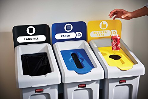 Image of Rubbermaid Commercial Products Slim Jim Recycling Station, 3 Stream Landfill /Paper /Bottles Cans