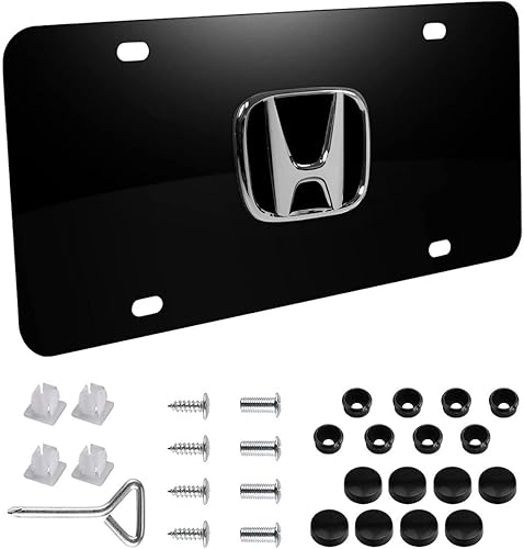 Placa frontal de acero inoxidable cromado 3D para Honda, placa de matrícula con tapas de rosca a juego (negro)