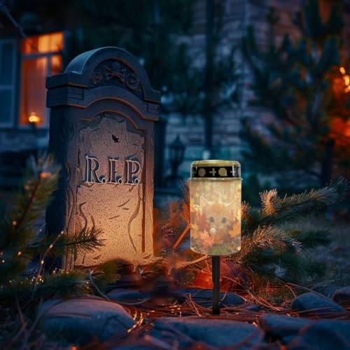 Image of Poceacles Flameless Candle Solar Powered Grave Outdoor Lights Cemetery Candle Flameless Fake LED Pillar Lights Outdoor Waterproof Lawn Decoration, Cute Cat Autumn Forest Leaf, Set of 6