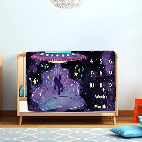 Image of Space Baby Age Blanket, UFO Astronaut Baby Monthly Milestone Blanket Growth Chart Blanket, 48x40 inch Memory Blanket Nurse Receiving Blanket Baby swaddling Blanket BTLSLY259