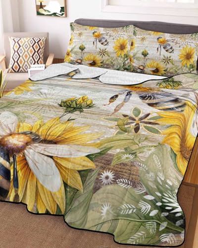 LOT BASIC 3-Piece Summer Quilt Twin Size, Sunflower Lightweight Cooling Bedding Comforter Blanket with 2 Pillow Shams, Vintage Summer Bee Botanical Farmhouse Bedspreads Quilted Coverlet Sets 68