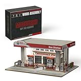MOCBURIKU 1/64 Diorama for Diecast Cars, 73-Piece 3D Wooden Puzzle with LED Lights, 2-Hour Assembly, Display Case for Hot Wheels Garage (Gas Station)